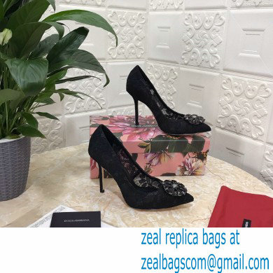 Dolce  &  Gabbana Heel 10.5cm Taormina Lace Pumps Black with Crystals 2021